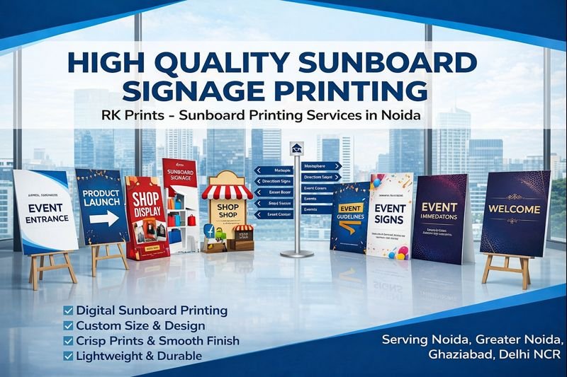 Sunboard Printing Services in Noida – High Quality & Affordable Looking for Sunboard Printing Services in Noida? RK Prints is a trusted sunboard printing shop in Noida offering high-quality digital sunboard printing for shop signage, office branding, exhibitions, events, and advertising boards. We specialize in 3mm sunboard printing, 5mm sunboard printing, foam board printing, and custom sunboard signage across Noida, Greater Noida, Ghaziabad & Delhi NCR. Our sunboard printing in Noida is ideal for shop name boards, office branding panels, reception signage, direction boards, promotional boards, indoor displays, and temporary outdoor signage. Using advanced digital & UV printing technology, we deliver sharp colors, long-lasting prints, smooth finishing, and professional quality at affordable prices.